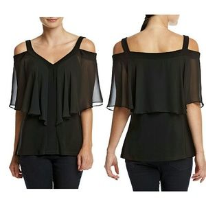 MSK Cold-shoulder Flutter Sleeve Black Top Blouse